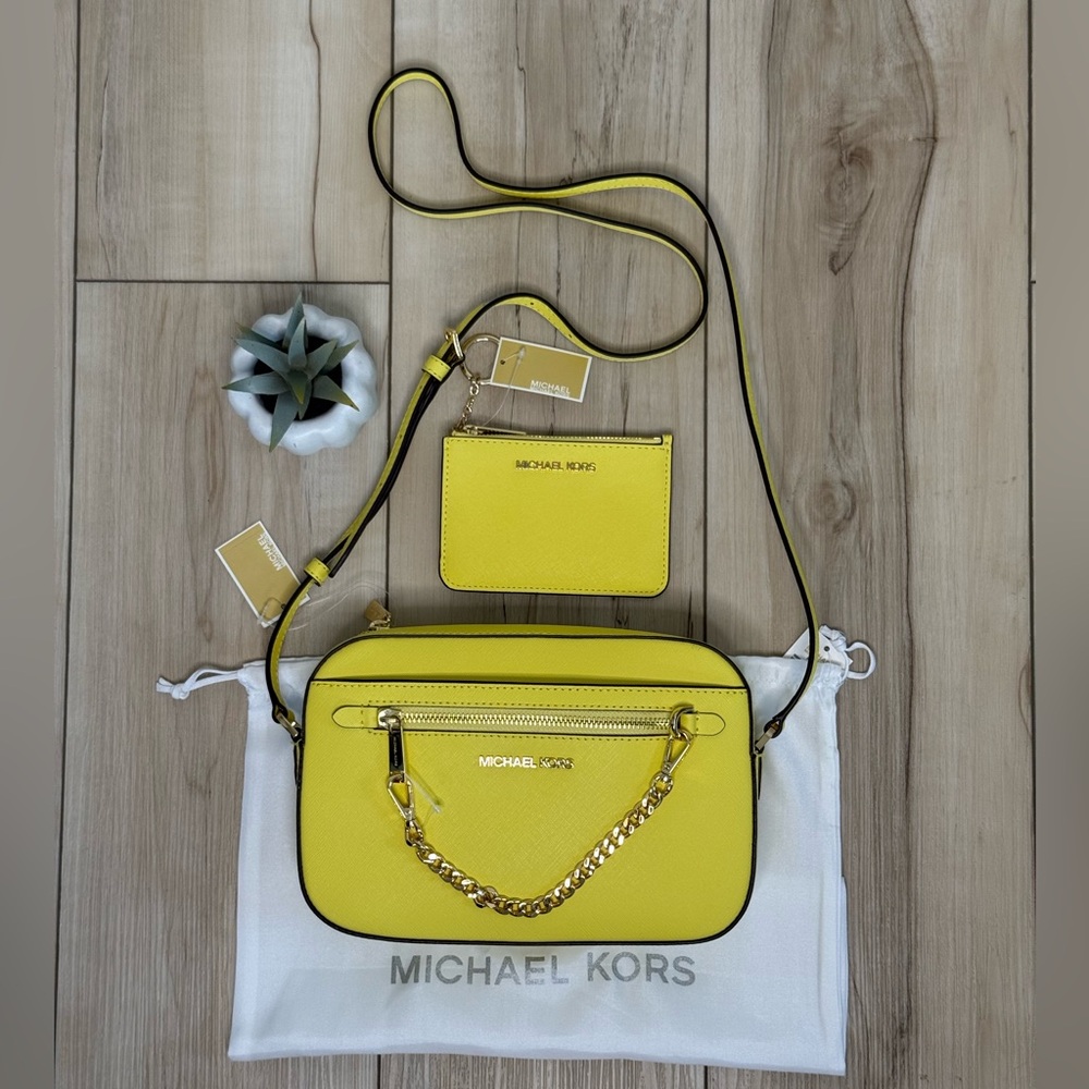 3pcs MICHAEL KORS Chain Crossbody Bag, Zip Coinpouch & Dust Bag NWT - Sunshine